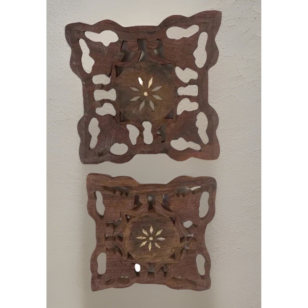 Vintage Brown Wooden Handcarved 8" Leaf Designed India Origins Trivet